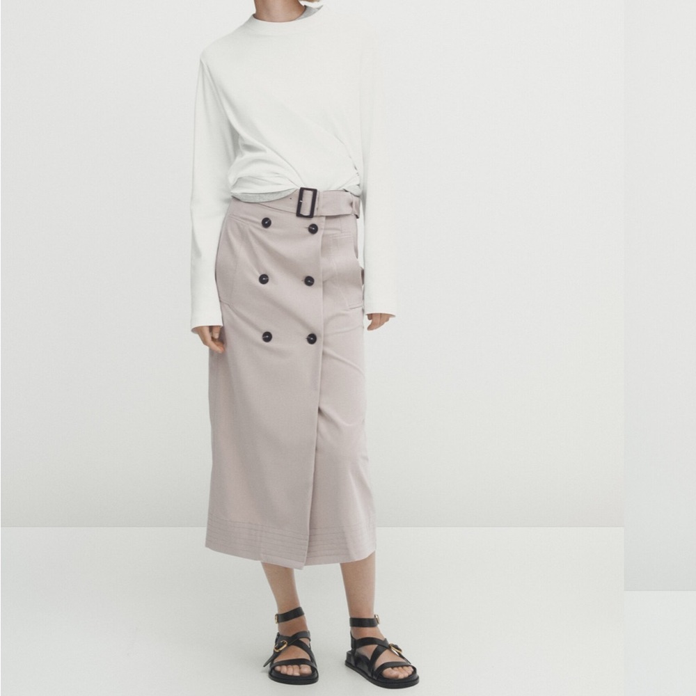 Massimo Dutti Beige Wrap Skirt with Style Belt and Side Pockets Size S NWT